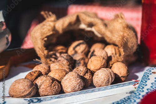 dried nuts in a shell in a wicker bag