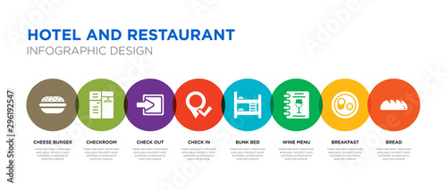 8 colorful hotel and restaurant vector icons set such as bread, breakfast, wine menu, bunk bed, check in, check out, checkroom, cheese burger