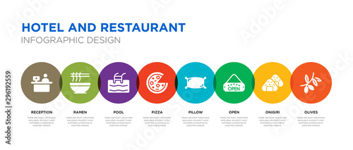 8 colorful hotel and restaurant vector icons set such as olives, onigiri, open, pillow, pizza, pool, ramen, reception
