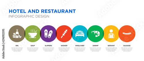 8 colorful hotel and restaurant vector icons set such as sausage, servant, shrimp, single bed, skewer, slippers, soup, spa
