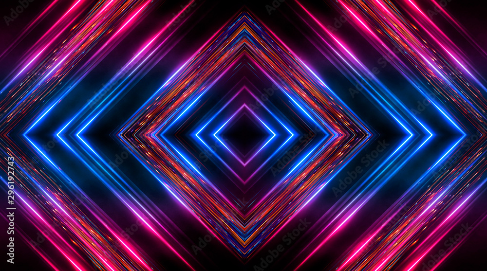 Fototapeta premium Dark abstract futuristic background. Neon lines, glow. Neon lines, shapes. Pink and blue glow. 