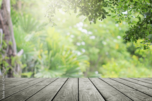 Wooden desk and green leaf nature in garden background. 