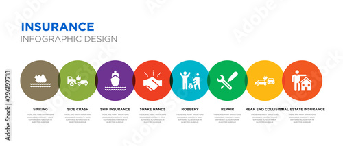 8 colorful insurance vector icons set such as real estate insurance, rear end collision, repair, robbery, shake hands, ship insurance, side crash, sinking