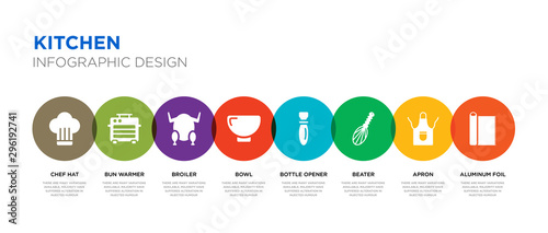 8 colorful kitchen vector icons set such as aluminum foil, apron, beater, bottle opener, bowl, broiler, bun warmer, chef hat