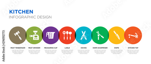 8 colorful kitchen vector icons set such as kitchen tap, knife, knife sharpener, knives, ladle, measuring cup, meat grinder, meat tenderizer