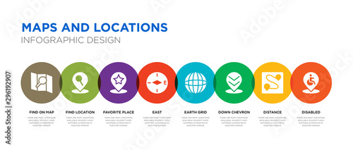8 colorful maps and locations vector icons set such as disabled, distance, down chevron, earth grid, east, favorite place, find location, find on map