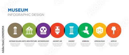8 colorful museum vector icons set such as acrylic, african mask, airbrush, ancient, ancient jar, anthropology, antic architecture, antique column