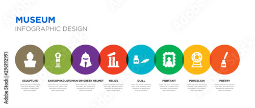 8 colorful museum vector icons set such as poetry, porcelain, portrait, quill, relics, roman or greek helmet, sarcophagus, sculpture