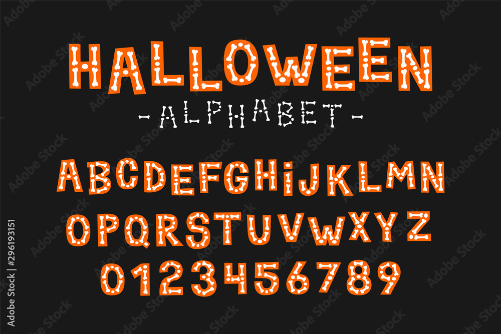 Halloween alphabet with skeleton bones. Type design for holiday party celebration.