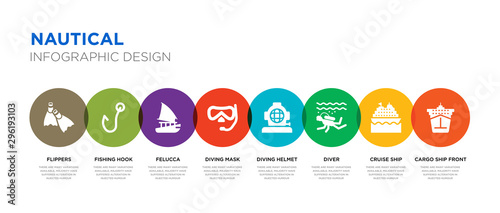 8 colorful nautical vector icons set such as cargo ship front view, cruise ship, diver, diving helmet, diving mask, felucca, fishing hook, flippers