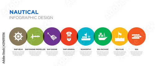 8 colorful nautical vector icons set such as sea, sea flag, sea package, seaworthy, ship admiral, ship engine, ship engine propeller, helm