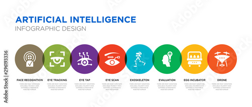 8 colorful artificial intelligence vector icons set such as drone, egg incubator, evaluation, exoskeleton, eye scan, eye tap, eye tracking, face recognition