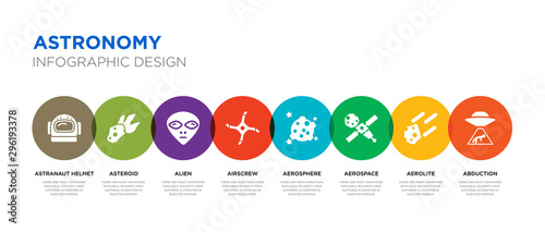 8 colorful astronomy vector icons set such as abduction, aerolite, aerospace, aerosphere, airscrew, alien, asteroid, astranaut helmet