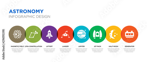 8 colorful astronomy vector icons set such as generator, half moon, jet pack, jupiter, lander, liftoff, lyra constellation, magnetic field