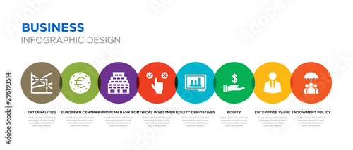 8 colorful business vector icons set such as endowment policy, enterprise value, equity, equity derivatives, ethical investment, european bank for reconstruction and development, european central