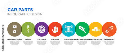 8 colorful car parts vector icons set such as car camshaft, car carburettor, catalytic converter, chassis, choke, clutch, coil, connecting rod