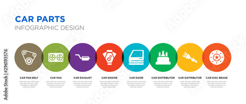8 colorful car parts vector icons set such as car disc brake, car distributor, distributor cap, door, engine, exhaust, fan, fan belt
