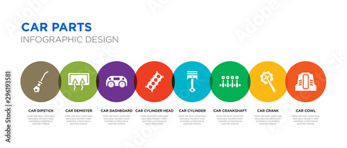 8 colorful car parts vector icons set such as car cowl, car crank, crankshaft, cylinder, cylinder head, dashboard, demister, dipstick