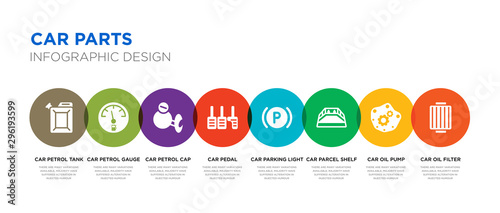 8 colorful car parts vector icons set such as car oil filter, car oil pump, parcel shelf, parking light, pedal, petrol cap, petrol gauge, petrol tank