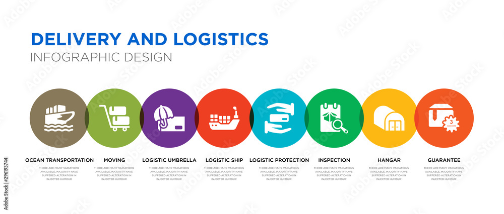 8 colorful delivery and logistics vector icons set such as guarantee, hangar, inspection, logistic protection, logistic ship, logistic umbrella, moving, ocean transportation - obrazy, fototapety, plakaty 