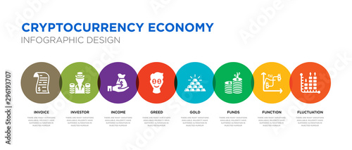 8 colorful cryptocurrency economy vector icons set such as fluctuation, function, funds, gold, greed, income, investor, invoice