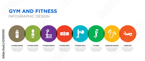 8 colorful gym and fitness vector icons set such as exercise, exercise bands, fitness, fitness ball, belt, bench, body, drink