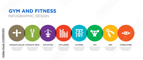 8 colorful gym and fitness vector icons set such as fitness wheel, grip, gym, gym bars, ladder, station, gymnastic rings, gymnastic roller