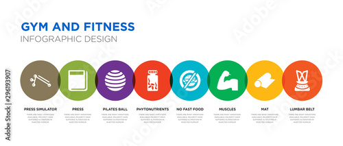 8 colorful gym and fitness vector icons set such as lumbar belt, mat, muscles, no fast food, phytonutrients, pilates ball, press, press simulator