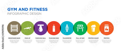 8 colorful gym and fitness vector icons set such as protein, protein shake, pull up bar, pulsometer, punching bag, punching ball, push up, resistance band