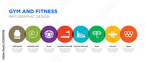 8 colorful gym and fitness vector icons set such as rings, roller, rope, rowing machine, running machine, scale, skipping rope, sleeveless