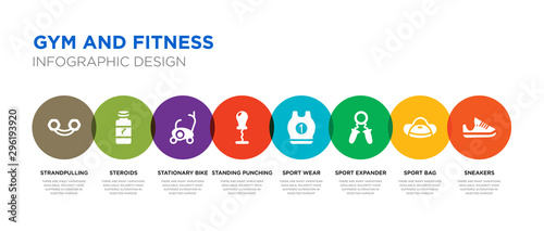 8 colorful gym and fitness vector icons set such as sneakers, sport bag, sport expander, sport wear, standing punching ball, stationary bike, steroids, strandpulling