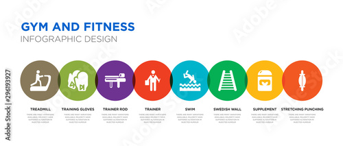 8 colorful gym and fitness vector icons set such as stretching punching ball, supplement, swedish wall, swim, trainer, trainer rod, training gloves, treadmill