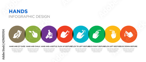 8 colorful hands vector icons set such as flick down gesture, flick left gesture, flick right gesture, to left up hand and a bottle, hand and chalk, hand and cit card
