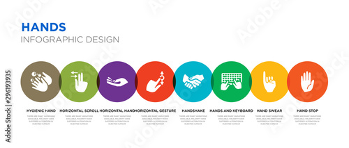 8 colorful hands vector icons set such as hand stop, hand swear, hands and keyboard, handshake, horizontal gesture, horizontal hand, horizontal scroll gesture, hygienic