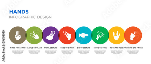 8 colorful hands vector icons set such as push with one finger to slide, rock and roll, shake gesture, shoot gesture, slide to shrink, tactil gesture, tactile command down three finge hand