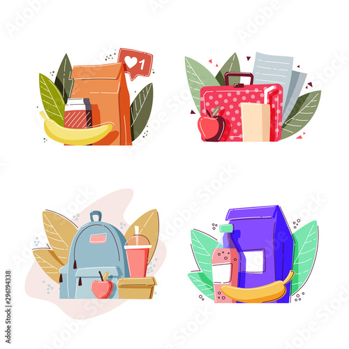 School lunch boxes set. Healthy and nutritional food meals for kids breakfast in lunchbox plastic fruit bags of apples.