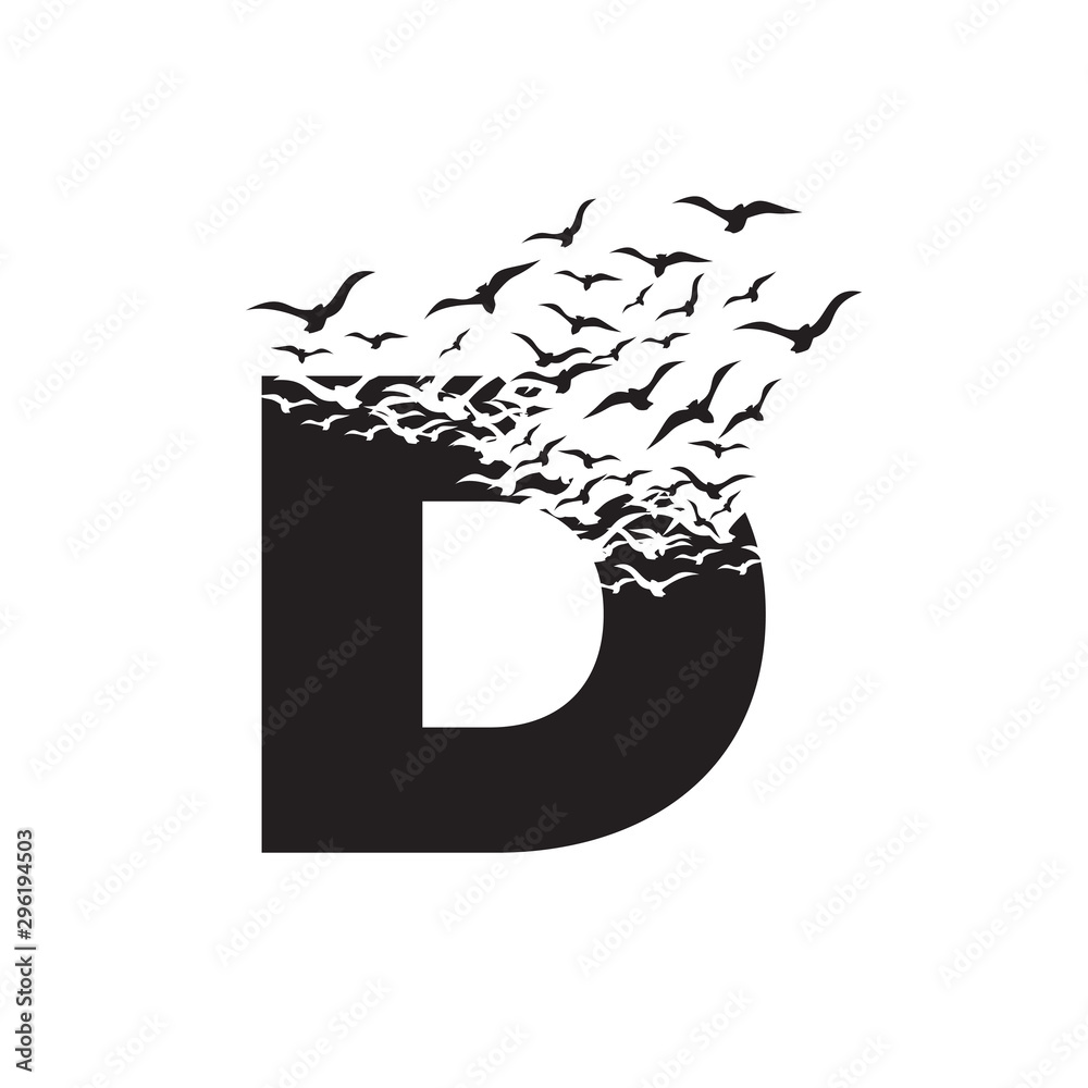 letter D with effect of destruction. Dispersion. Birds