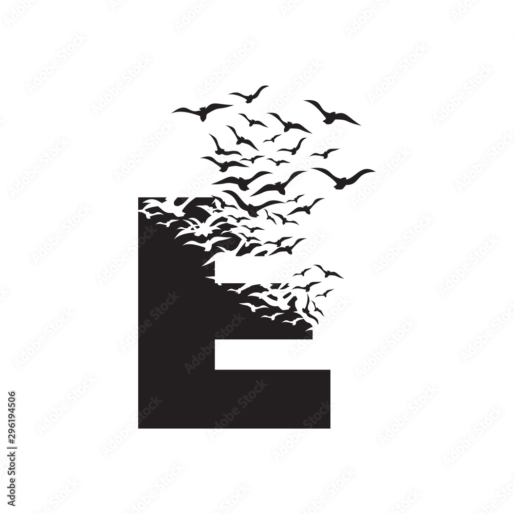 letter D with effect of destruction. Dispersion. Birds