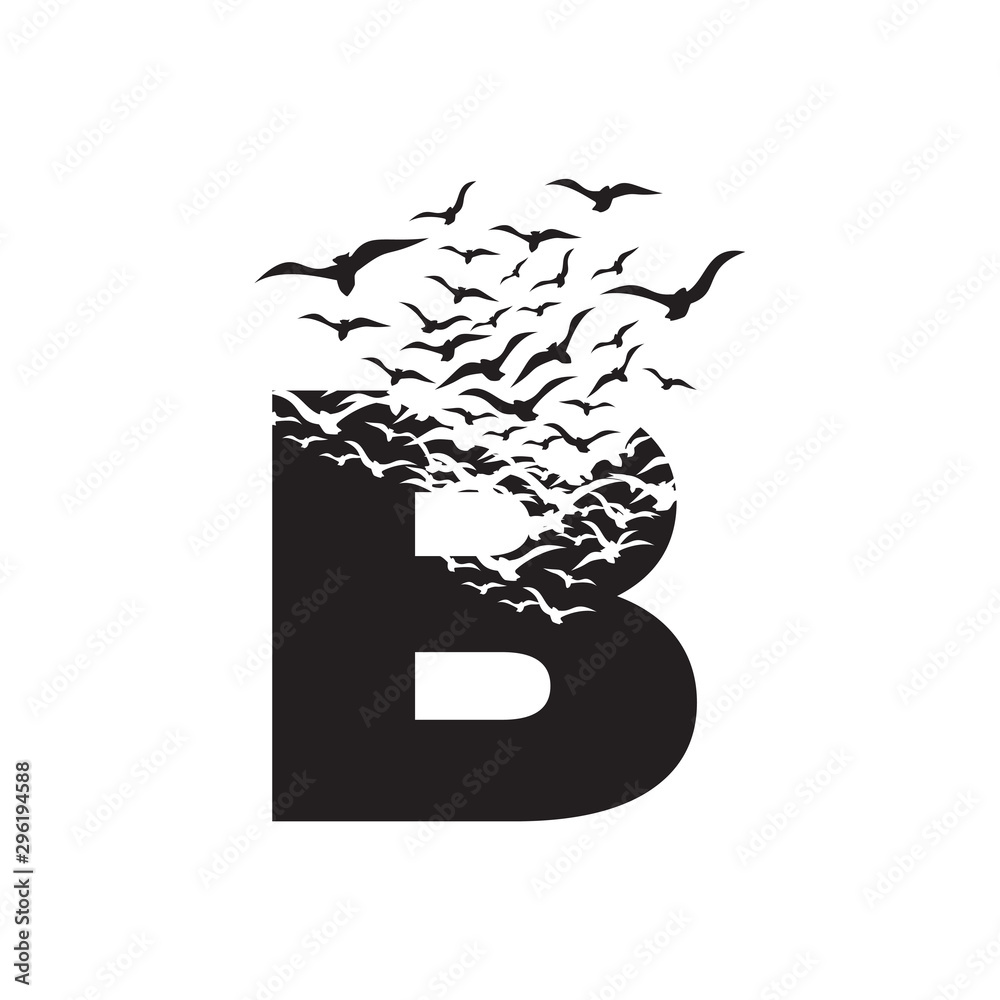 letter B with effect of destruction. Dispersion. Birds