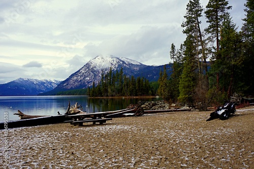 Lake Wenatchee Fall Reflection Light Snow in Mountains photo