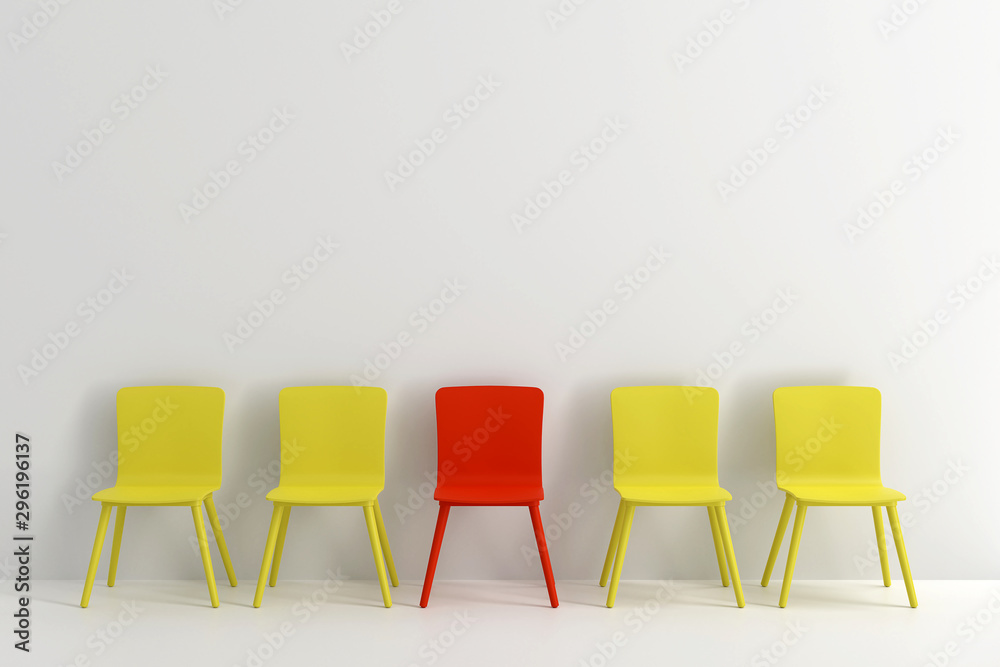 Yellow chair and red chair in light grey living room. Minimal style concept. Yellow chair and red chair in light grey living room. Minimal style concept.