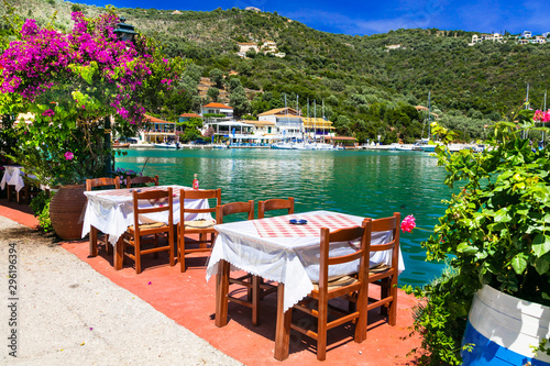 Traditional Greek restaurants near the sea. Sivota fishing village in Lefkada island