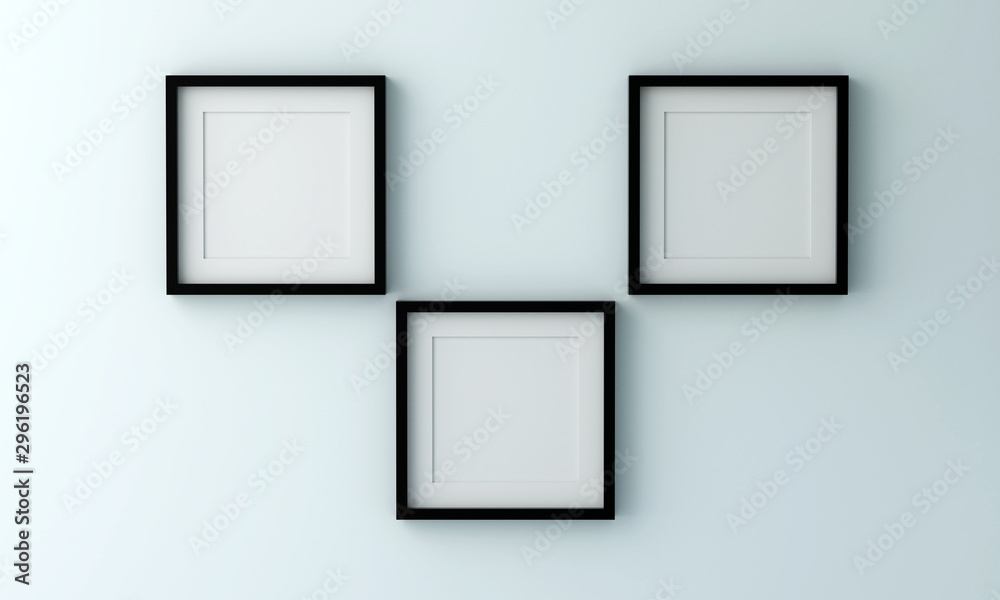 Blank black picture frame for insert text or image inside on light blue color wall. Blank black picture frame for insert text or image inside on light blue color wall.