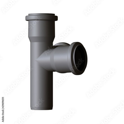 Plastic sewer pipe grey on white background, isolated. 3D rendering of excellent quality in high resolution. It can be enlarged and used as a background or texture.