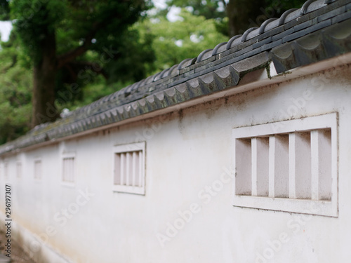 Perspective view of White Japanese Castle walls and roof
