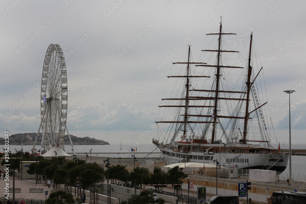 Marseille, Provence, France - 1 May 2018: Ferris wheel in Marseille. Old port in Marseille.