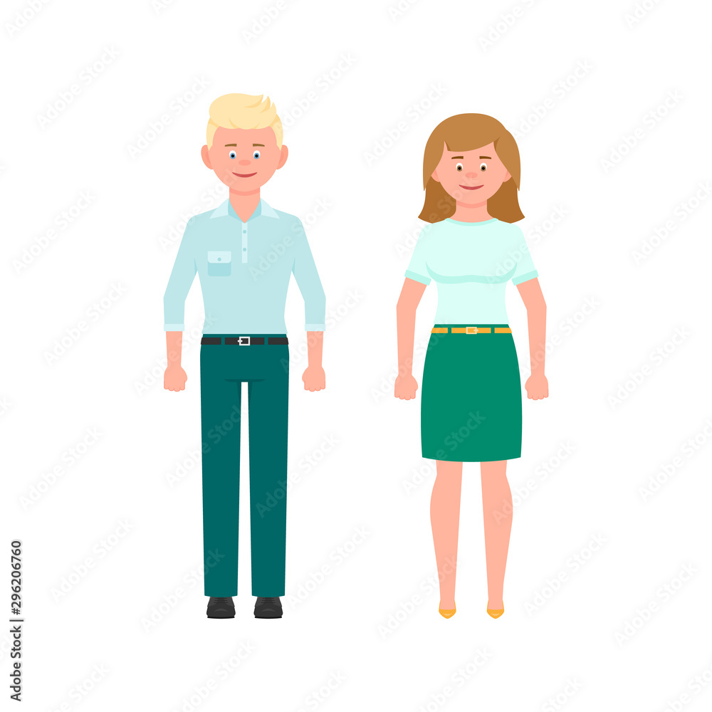 Young blonde hair man in mint pants and medium blonde hair woman in green skirt vector illustration. Front view standing boy and girl cartoon character set on white background Young blonde hair man in mint pants and medium blonde hair woman in green skirt vector illustration. Front view standing boy and girl cartoon character set on white background