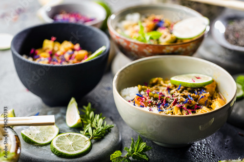  Top view composition of various Asian food in bowl photo