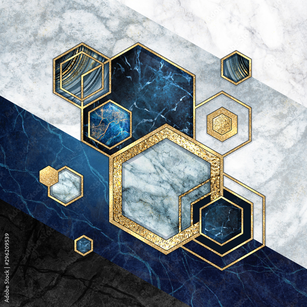abstract geometric background, hexagonal shapes. Modern marble mosaic  inlay, art deco wallpaper. Geometrical fashion illustration. Blue gold  black honeycomb with artificial stone texture. Stock Illustration | Adobe  Stock
