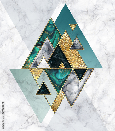 Fototapeta Naklejka Na Ścianę i Meble -  abstract geometric background, modern marble mosaic inlay, malachite green triangles, black white stone textures, golden foil. Fashion marbling illustration, art deco wallpaper